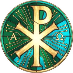 Chi Rho Code LLC logo: a gold Chi-Rho in a round stained-glass window, green on the left and teal on the right, with Alpha and Omega and circuit-like lead lines