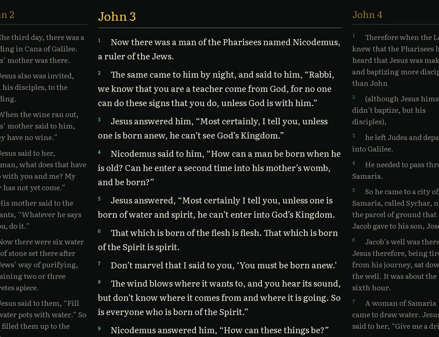 Gospel Getter in the Chi Rho theme (parchment text on near-black, with gold headings), showing John 3 in the World English Bible, from “Now there was a man of the Pharisees named Nicodemus” onwards. The chapter is in the centre, with the edges of John 2 and John 4 faded on either side.