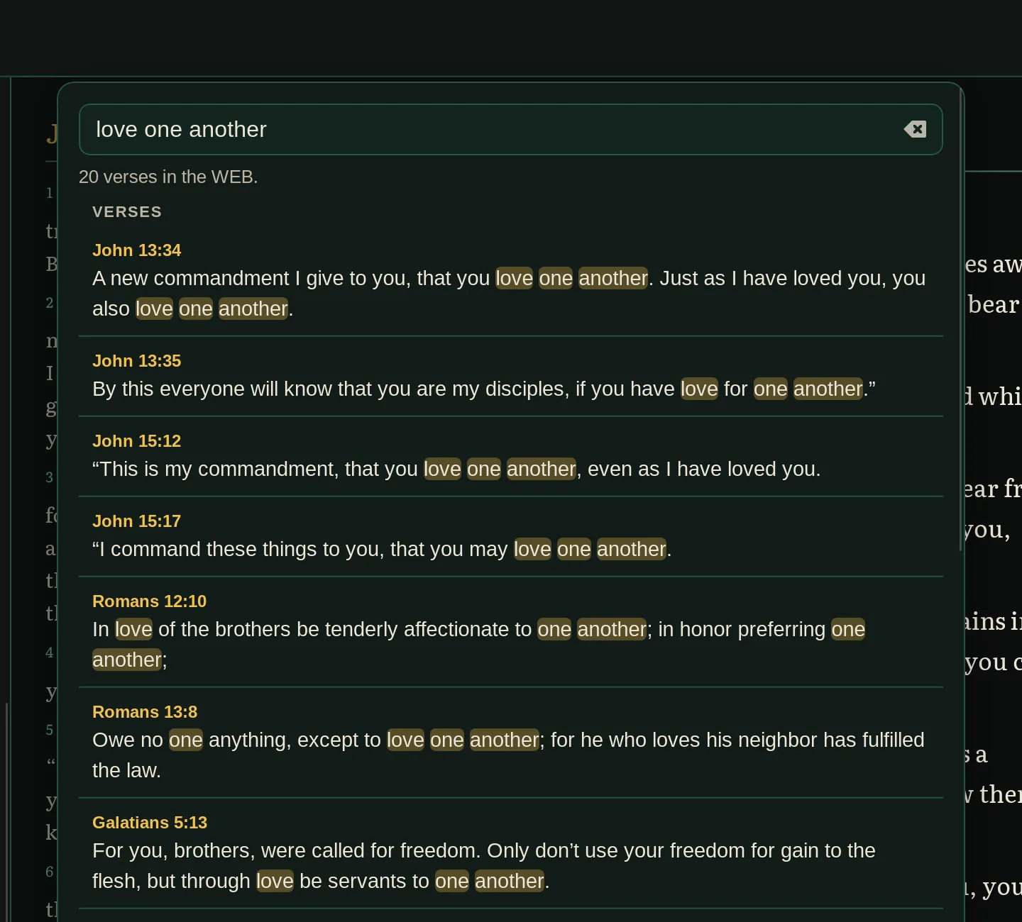 The search panel in the Chi Rho theme. The search “love one another” found 20 verses in the WEB, starting with John 13:34, John 13:35 and John 15:12, each with the matching words highlighted.