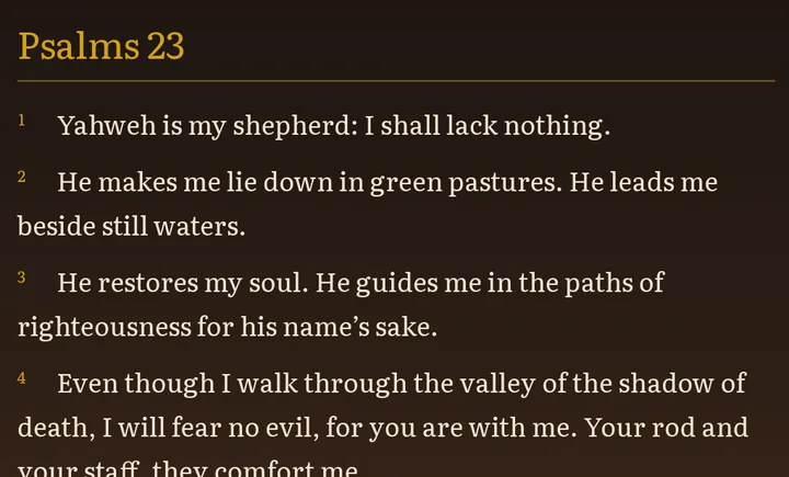 Psalms 23, verses 1 to 3 and most of verse 4, in the Beast Slayer theme: cream text on a dark brown background with gold headings.