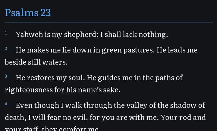 Psalms 23, verses 1 to 3 and most of verse 4, in the Classic Dark theme: light grey text on a near-black background with blue headings.