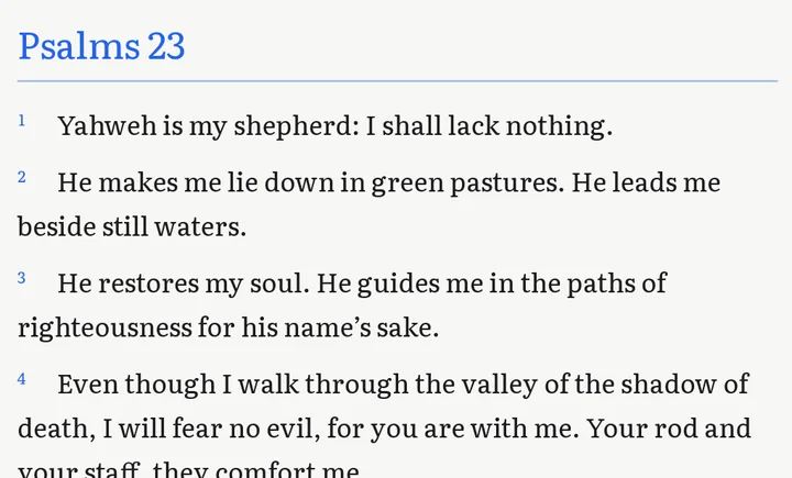 Psalms 23, verses 1 to 3 and most of verse 4, in the Classic Light theme: dark text on an off-white background with blue headings.