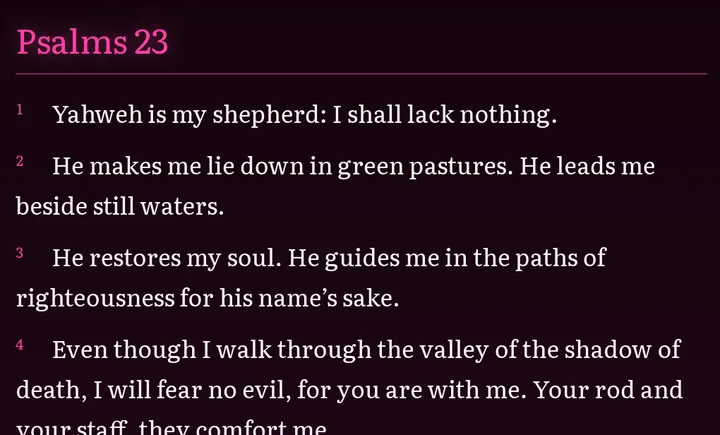 Psalms 23, verses 1 to 3 and most of verse 4, in the Hot Pink theme: pale pink text on a near-black plum background with hot pink headings.