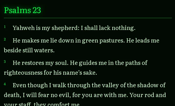 Psalms 23, verses 1 to 3 and most of verse 4, in the Matrix theme: pale green text on a black background with bright green headings.