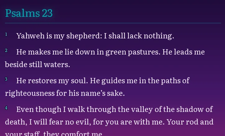 Psalms 23, verses 1 to 3 and most of verse 4, in the Vaporwave theme: pale lavender text on a deep purple gradient with teal headings.