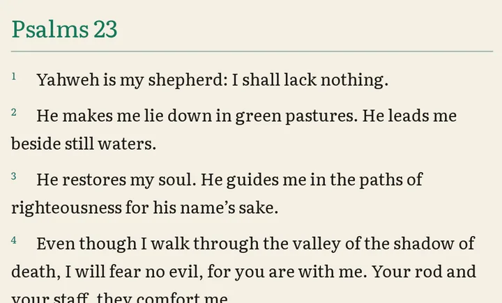 Psalms 23, verses 1 to 3 and most of verse 4, in the Vellum theme: near-black text on a warm parchment background with green headings.